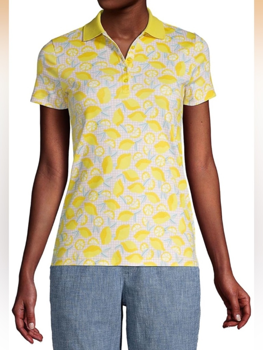 Lands' End Womens Short Sleeve Supima Polo Bright Sun Yellow Lemon Check Medium